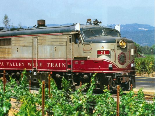 The Napa Valley Wine Train travels along the rail route in the valley. Scanned from travel brochure by Jake.